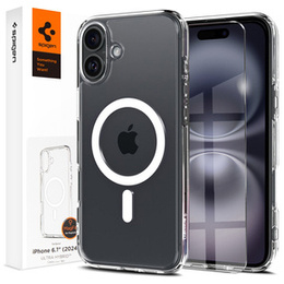 Carcasă MagSafe Spigen pentru iPhone 16, Ultra Hybrid, transparent / alb + 9H Tempered Glass