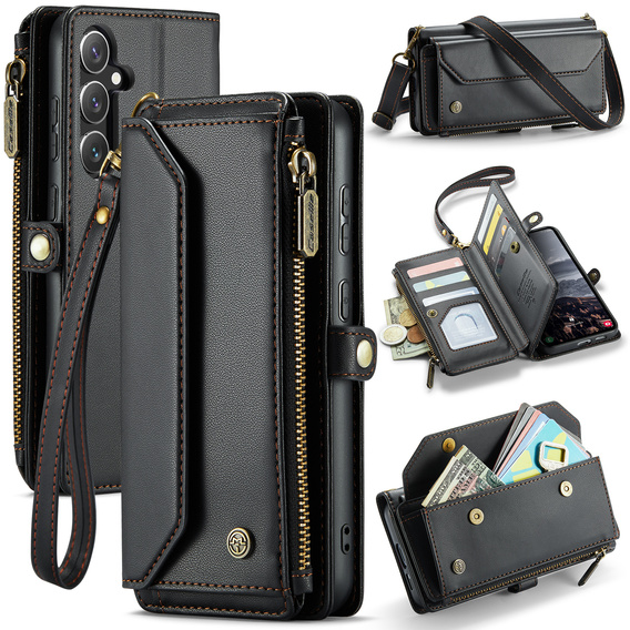 Husă CASEME pentru Samsung Galaxy S25 FE, RFID Leather Wallet, cu curea de umăr, negru