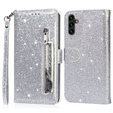 Cu clapetă pentru Samsung Galaxy A36 5G, Wallet Zipper Pocket Glittery, de argint