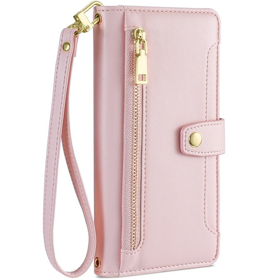 Cu clapetă pentru iPhone 14 Pro Max, Wallet Zipper Pocket, roz