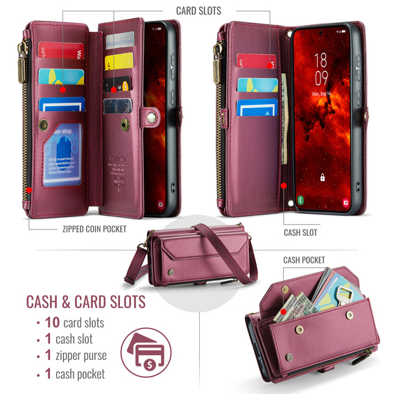 Husă CASEME pentru Samsung Galaxy S25 FE, RFID Leather Wallet, cu curea de umăr, roșu