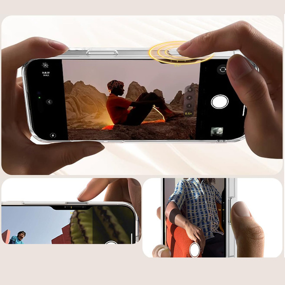 Carcasă ERBORD MagSafe pentru iPhone 16, buton activ, transparentă + Sticlă pentru ecran