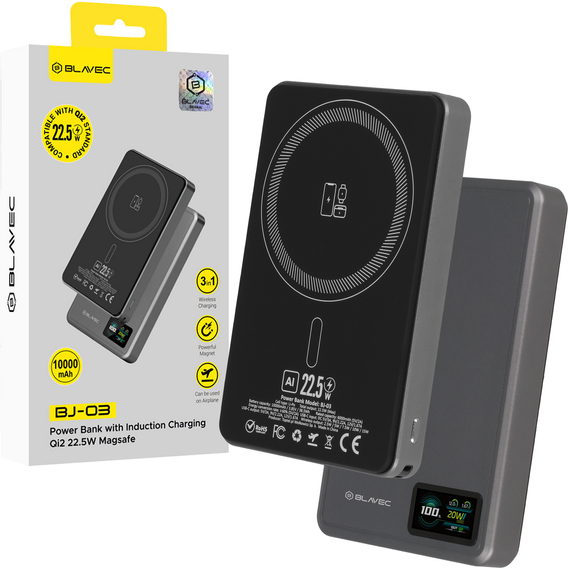 Blavec Power Bank 10000mAh BJ-03 Slim 13.5mm - Tip C - 22.5W, MagSafe 3in1 - gri