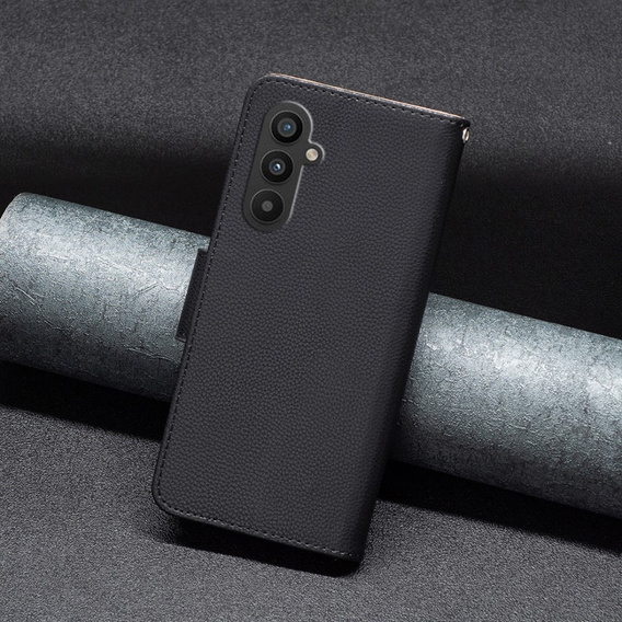 Cu clapetă pentru Samsung Galaxy A25 5G, Wallet Litchi Leather, negru + sticlă 9H