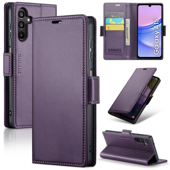 Carcasă pentru Samsung Galaxy A15 4G / 5G, ERBORD Glossy Litchi, portofel cu clapetă + sticlă temperată 9H