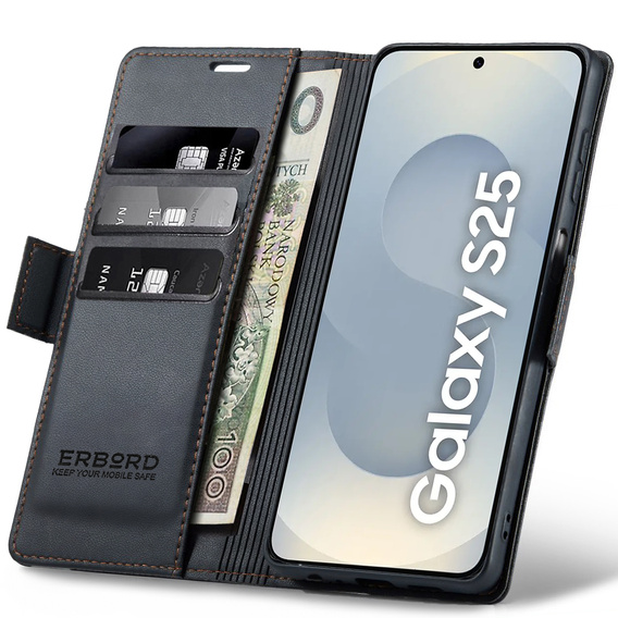 Husă pentru Samsung Galaxy S25, ERBORD Glossy Litchi, portofel cu clapetă, negru