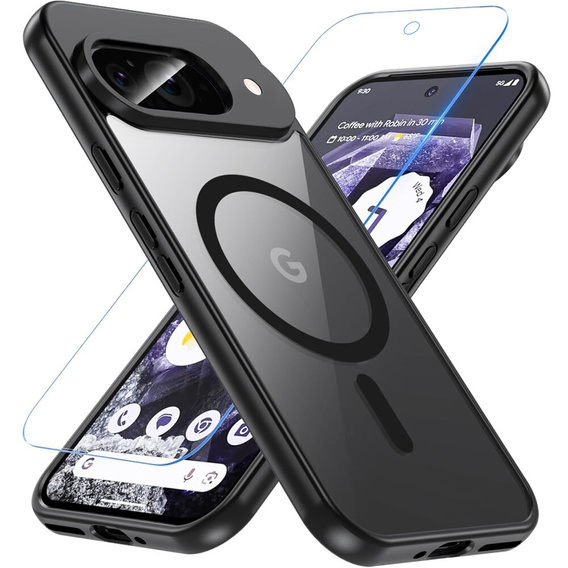 Husă pentru Google Pixel 9, pentru MagSafe, ERBORD Matt Case, negru + sticlă pentru ecran