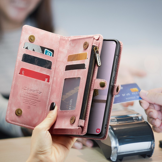 Husă CASEME pentru Samsung Galaxy A56 5G, Retro Leather Wallet, cu curea de umăr, roz