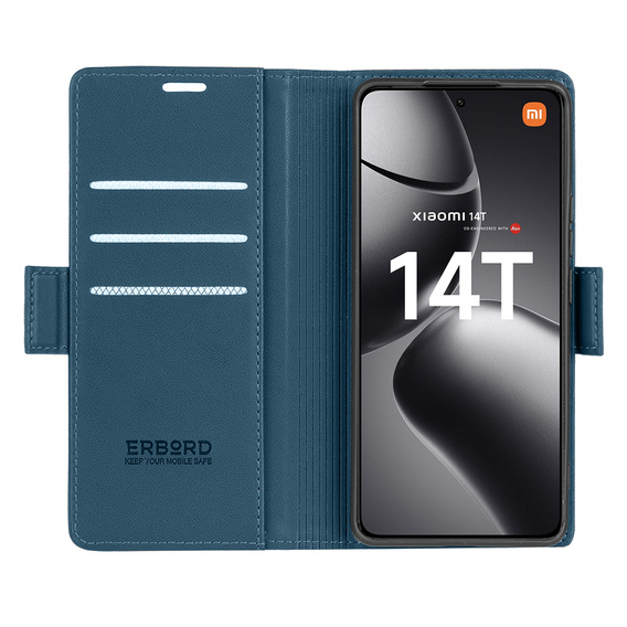 Husă pentru Xiaomi 14T, ERBORD Glossy Litchi, portofel cu clapetă, albastru