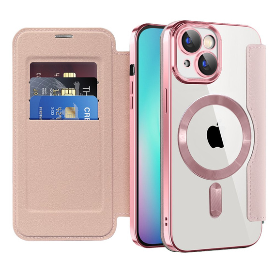 Cu clapetă pentru iPhone 15, RFID Wallet MagSafe CamShield, roz