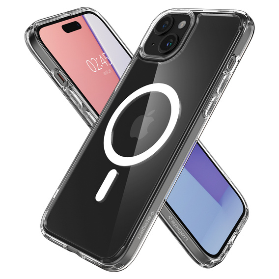 Carcasă MagSafe Spigen pentru iPhone 15, Ultra Hybrid, transparent / alb + 9H Tempered Glass