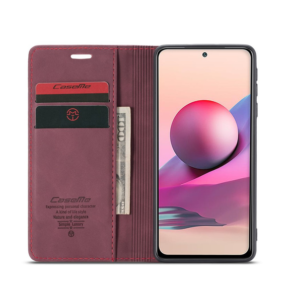 Husa CASEME pentru Xiaomi Redmi Note 10 / 10S, Leather Wallet Case, maroon