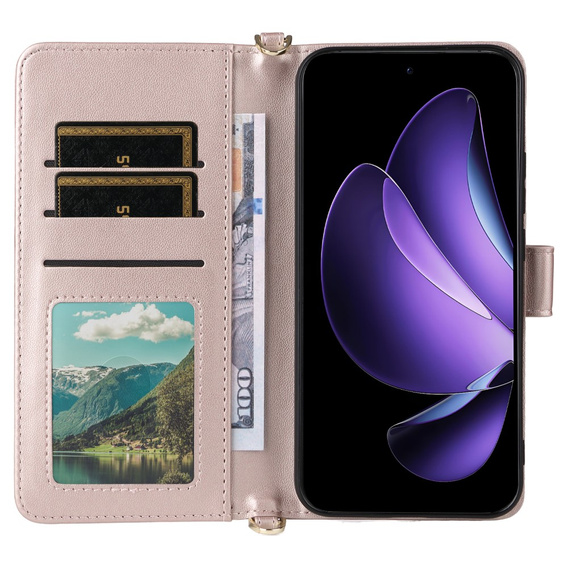 Carcasă cu clapetă pentru Oppo Reno 13 5G, Crossbody Leather Wallet, roz