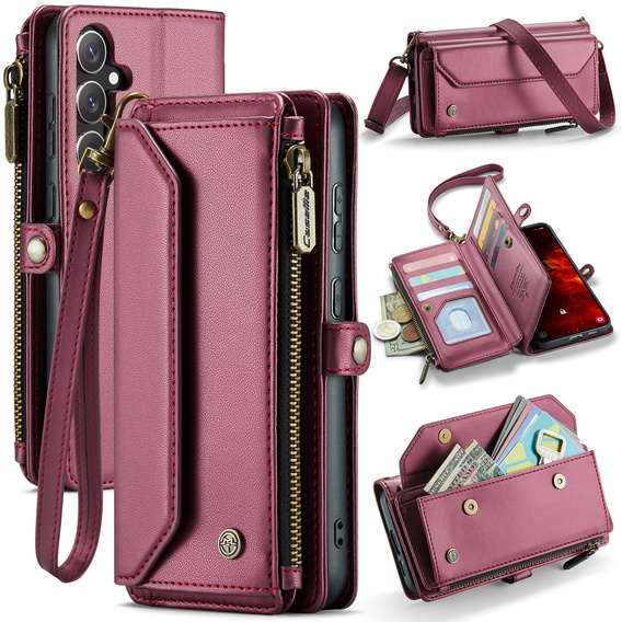 Husă CASEME pentru Samsung Galaxy S25 FE, RFID Leather Wallet, cu curea de umăr, roșu