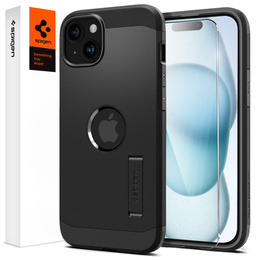 Carcasa Spigen pentru iPhone 15, Tough Armor Mag MagSafe, negru + 9H Tempered Glass