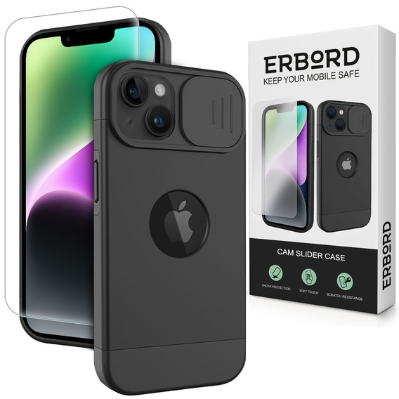 Husă ERBORD MagSafe Cam Slider, negru + sticlă pentru ecran pentru iPhone 13 / iPhone 14