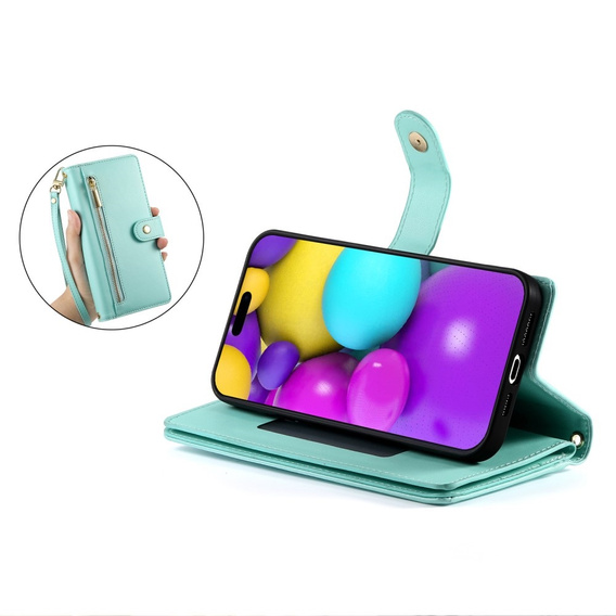 Cu clapetă pentru iPhone 16, Wallet Zipper Pocket, verde