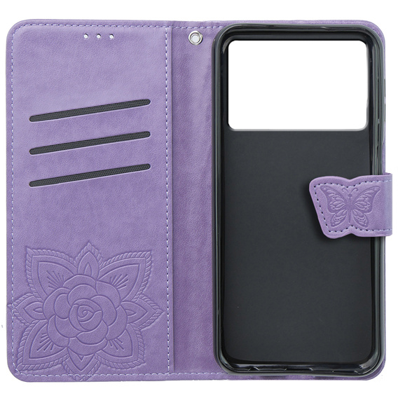 Cu clapetă pentru Xiaomi Poco X6 Pro 5G, Butterfly, violet