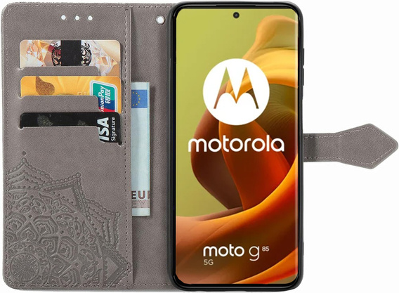 Cu clapetă pentru Motorola Moto G85, Mandala, gri