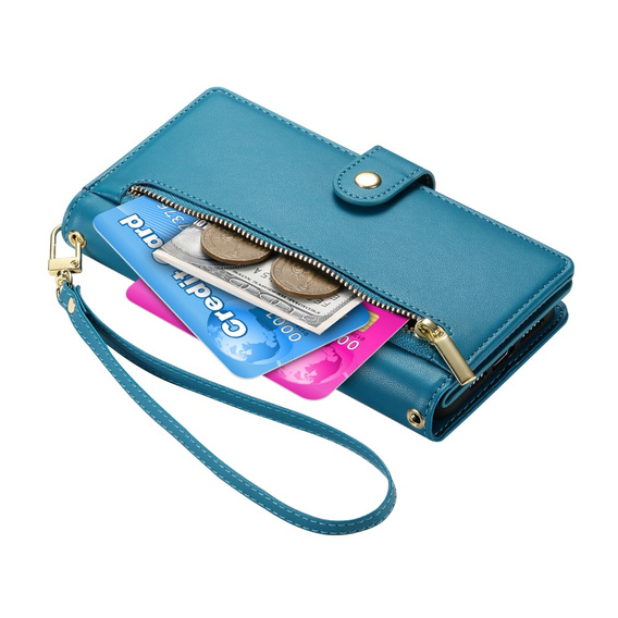 Cu clapetă pentru Oppo Reno 13F 5G, Wallet Zipper Pocket, albastru