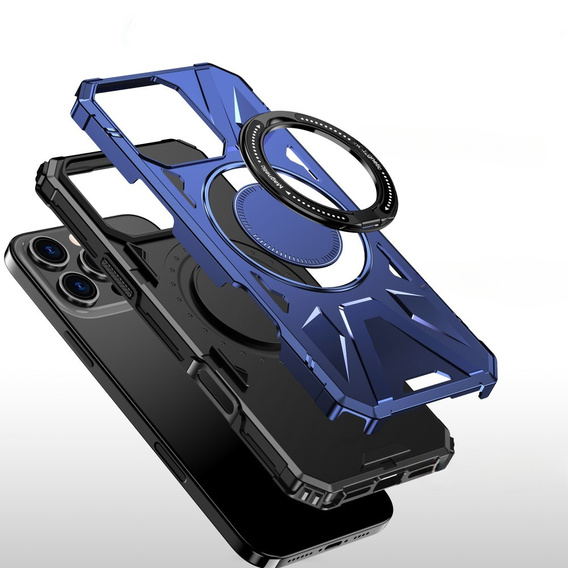 Carcasă pentru iPhone 16 Pro, blindată cu suport și placă pentru mâner, albastru