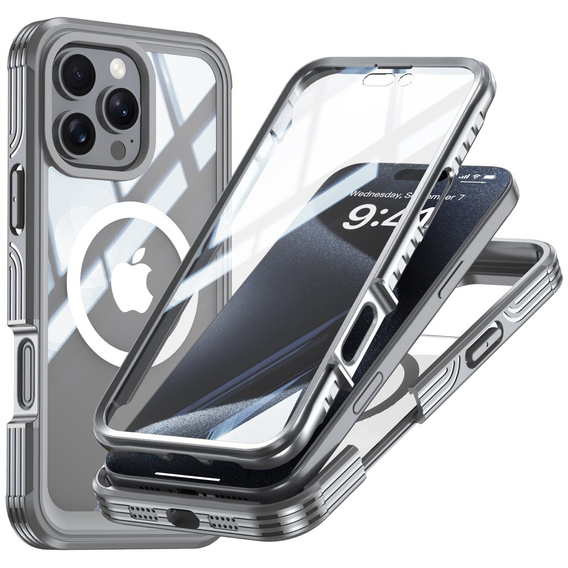 Husă pentru iPhone 16 Pro, Shockproof, cu sticlă, pentru MagSafe, gri