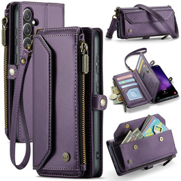 Husă CASEME pentru Samsung Galaxy S24 FE, RFID Leather Wallet, cu curea de umăr, violet