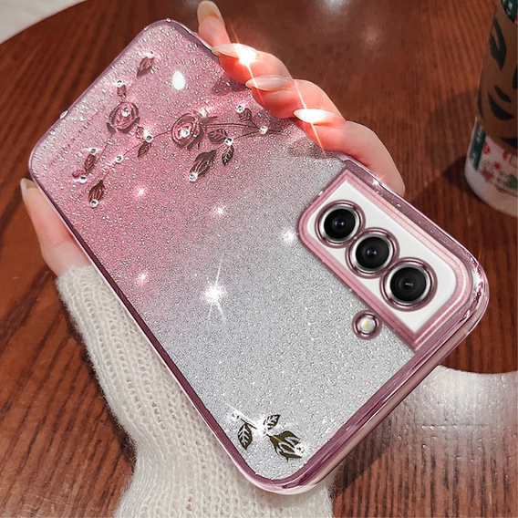 Husă pentru Samsung Galaxy S21 FE, Glitter Flower, roz rose gold