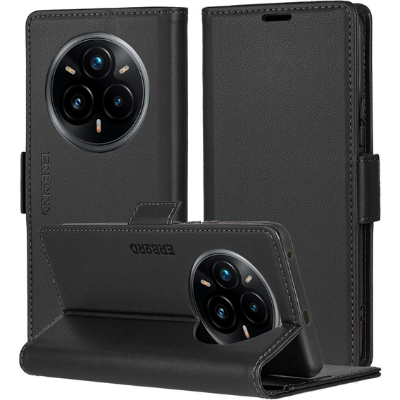 Husă pentru Realme 14 Pro 5G, ERBORD Glossy Litchi, portofel cu clapetă, negru