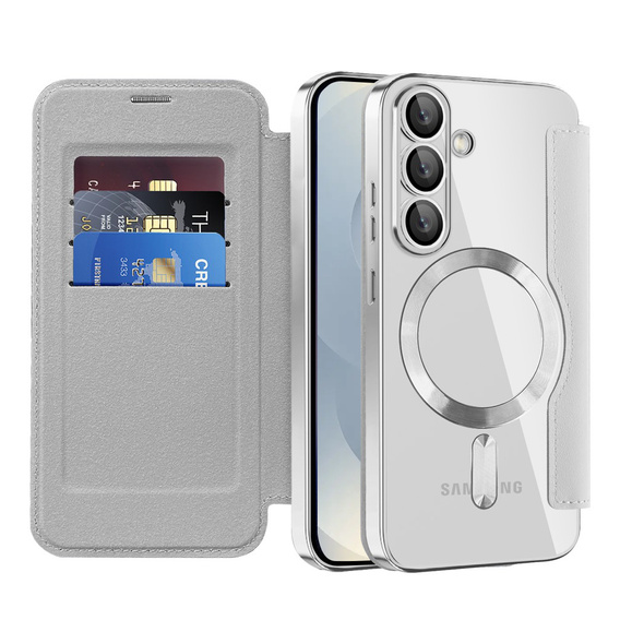 Cu clapetă pentru Samsung Galaxy S25, RFID Wallet MagSafe CamShield, de argint