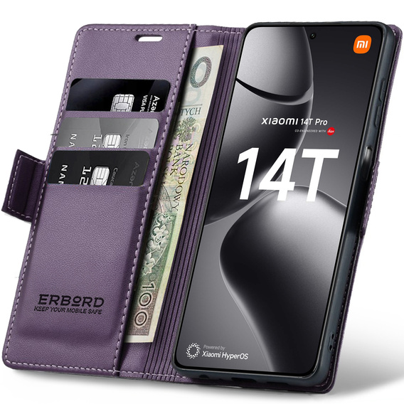 Husă pentru Xiaomi 14T Pro, ERBORD Glossy Litchi, portofel cu clapetă, violet