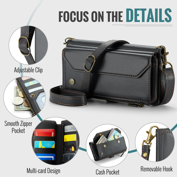 Husă CASEME pentru Samsung Galaxy S25 FE, RFID Leather Wallet, cu curea de umăr, negru