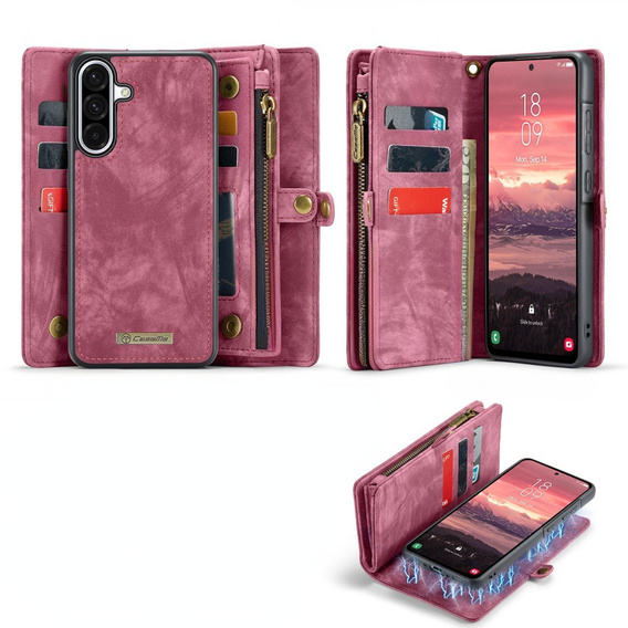 Husă CASEME pentru Samsung Galaxy A56 5G, Retro Leather Wallet, cu curea de umăr, roșu