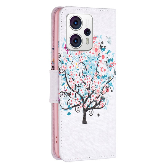 Cu clapetă pentru Motorola Moto G53 5G / G23 / G13, Wallet, colorful tree, alb