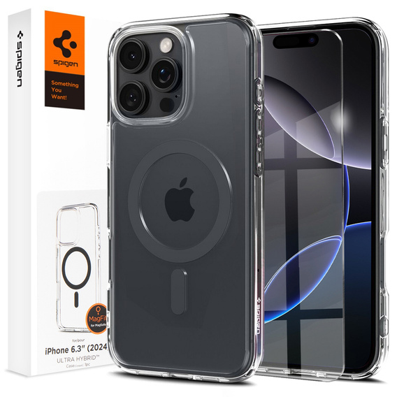 Carcasă MagSafe Spigen pentru iPhone 16 Pro, Ultra Hybrid, transparent / gri + 9H Tempered Glass