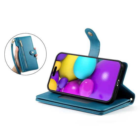 Cu clapetă pentru iPhone 16, Wallet Zipper Pocket, albastru