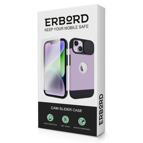 Husă ERBORD MagSafe Cam Slider, violet + sticlă pentru ecran pentru iPhone 13 / iPhone 14