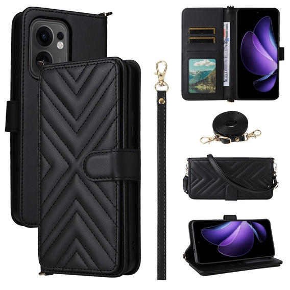Carcasă cu clapetă pentru Oppo Reno 13F 5G, Crossbody Leather Wallet, negru
