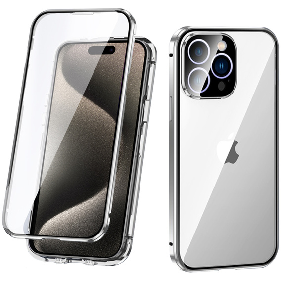 Husa pentru iPhone 15 Pro Max, Magnetic Dual Glass, de argint