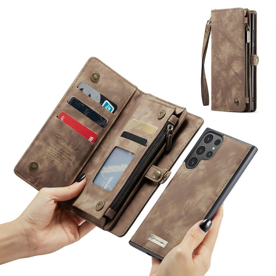 Husă CASEME pentru Samsung Galaxy S25 Ultra, Retro Leather Wallet, cu curea de umăr, maro