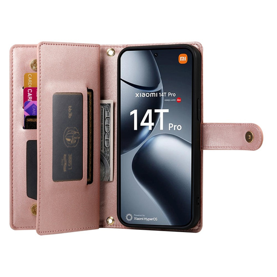 Cu clapetă pentru Xiaomi 14T Pro, Wallet Zipper Pocket, roz