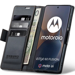 Husă pentru Motorola Edge 60 / 60 Fusion, ERBORD Glossy Litchi, portofel cu clapetă, negru