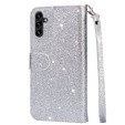 Cu clapetă pentru Samsung Galaxy A35 5G, Wallet Zipper Pocket Glittery, de argint
