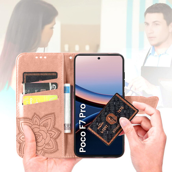 Cu clapetă pentru Xiaomi Poco F7 Pro, Butterfly, roz rose gold
