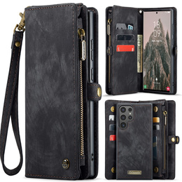 Husă CASEME pentru Samsung Galaxy S25 Ultra, Retro Leather Wallet, cu curea de umăr, negru