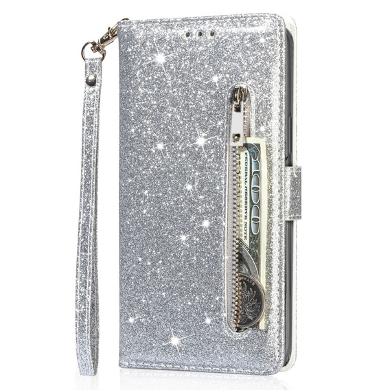 Cu clapetă pentru Samsung Galaxy A35 5G, Wallet Zipper Pocket Glittery, de argint