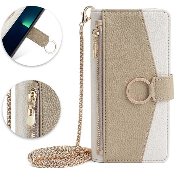 Carcasă flip pentru iPhone 14, Wallet Zipper Pocket, cu oglindă, alb