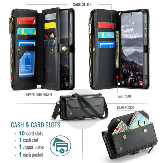 Husă CASEME pentru Samsung Galaxy S25 FE, RFID Leather Wallet, cu curea de umăr, negru