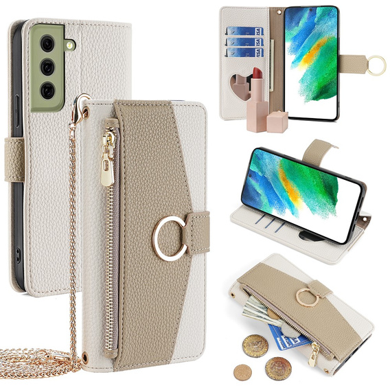 Carcasă flip pentru Samsung Galaxy S21 FE, Wallet Zipper Pocket, cu oglindă, alb