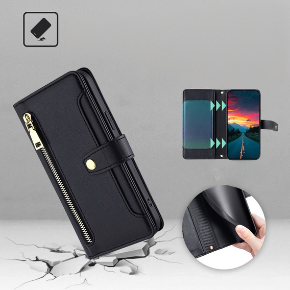 Cu clapetă pentru Realme 14 Pro+ 5G, Wallet Zipper Pocket, negru